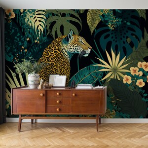 Murale floreale leopardato giungla tropicale scura | Decorazione da parete | Ristrutturazione casa | Arte della parete | Carta da parati in vinile staccabile e incollabile o non autoadesiva