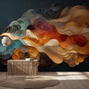 Carta da parati astratta con onde colorate | Decorazione da parete | Ristrutturazione casa | Arte della parete | Carta da parati in vinile staccabile e incollabile o non autoadesiva
