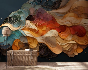 Abstract kleurrijk golfbehang | Wanddecoratie | Woningrenovatie | Kunst aan de muur | Schil en plak of niet-zelfklevend vinylbehang