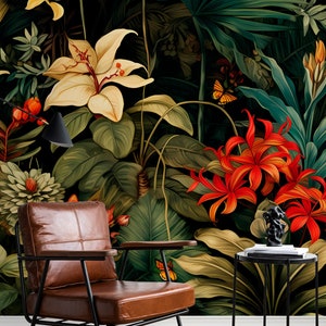 Dunkle exotische Blumentapete | Wanddekoration | Hausrenovierung | Wandkunst | Vinyl-Tapete zum Abziehen und Aufkleben oder nicht selbstklebend