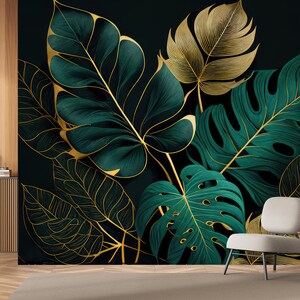 Dark Green Tropical Wallpaper, Monstera Leaf | Wall Decor | Home ...