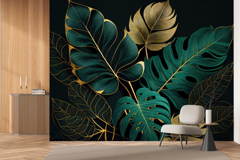 Dark Green Tropical Wallpaper, Monstera Leaf | Wall Decor | Home ...