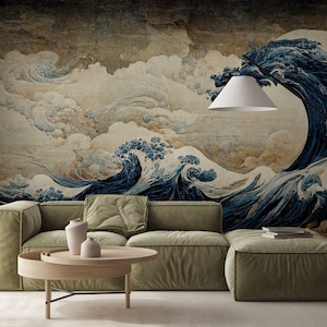 Wave and cloud wall mural in japanese style | Wall Decor | Home Renovation | Wall Art | Peel and Stick Or Non Self-Adhesive Vinyl Wallpaper