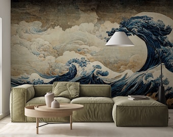 Wandbild mit Wellen und Wolken im japanischen Stil | Wanddekoration | Hausrenovierung | Wandkunst | Abziehen und Aufkleben oder nicht selbstklebende Vinyltapete