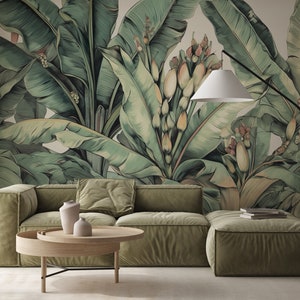 Carta da parati tropicale pastello, con foglie di banana | Decorazione da parete | Ristrutturazione casa | Arte della parete | Carta da parati in vinile staccabile e incollabile o non autoadesiva