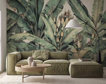 Papel pintado tropical en colores pastel, con hoja de plátano | Decoración de pared | Renovación del hogar | Arte de pared | Papel tapiz de vinilo despegable y pegado o no autoadhesivo