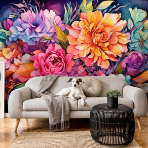 May include: A vibrant floral mural featuring large, colorful blooms in shades of pink, orange, purple, and blue. A light gray sofa with a dog and a throw blanket sits in front of the mural. A black wicker side table and a small potted plant complete the scene.