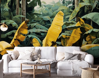 Bananenblatt-Dschungel, lebendiges tropisches Wandbild | Wanddekoration | Hausrenovierung | Wandkunst | Vinyl-Tapete zum Abziehen und Aufkleben oder nicht selbstklebend