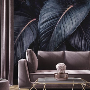 Dark abstract leaf wallpaper, tropical leaves Wall Decor | Home Renovation | Wall Art | Peel and Stick Or Non Self-Adhesive Vinyl Wallpaper