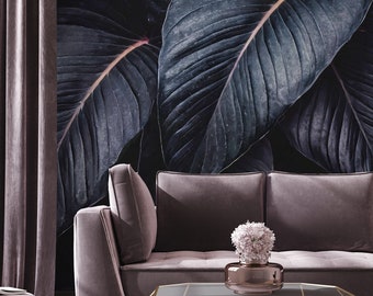 Donker abstract bladbehang, tropische bladeren Wall Decor | Woningrenovatie | Kunst aan de muur | Schil en plak of niet-zelfklevend vinylbehang