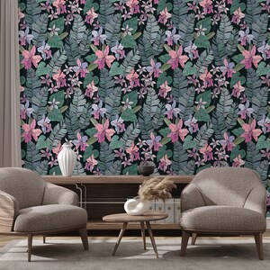 Tropical orchid flower wallpaper, palm leaf Wall Decor Home Renovation Wall Art Peel and Stick Or Non Self-Adhesive Vinyl Wallpaper image 4