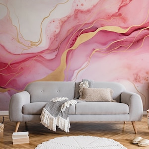 Abstrakte rosa Marmortapete | Wanddekoration | Hausrenovierung | Wandkunst | Vinyl-Tapete zum Abziehen und Aufkleben oder nicht selbstklebend