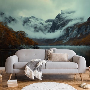 Berg in den Wolken Tapete | Wanddekoration | Hausrenovierung | Wandkunst | Vinyl-Tapete zum Abziehen und Aufkleben oder nicht selbstklebend