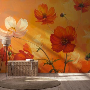 May include: A colourful floral wall mural with large orange and white cosmos flowers against a warm orange backdrop. A woven storage chest and a round rug are in the foreground, with a floor lamp on the left.