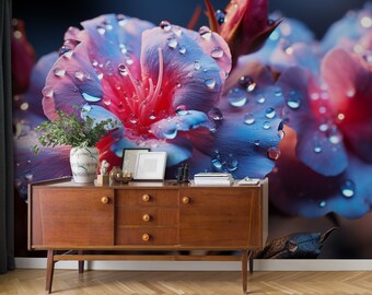 Fototapete mit exotischen Blumen, Blütentapete | Wanddekoration | Hausrenovierung | Wandkunst | Vinyl-Tapete zum Abziehen und Aufkleben oder nicht selbstklebend
