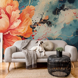 Fototapete mit tropischen orangefarbenen Blumen | Wanddekoration | Hausrenovierung | Wandkunst | Vinyl-Tapete zum Abziehen und Aufkleben oder nicht selbstklebend
