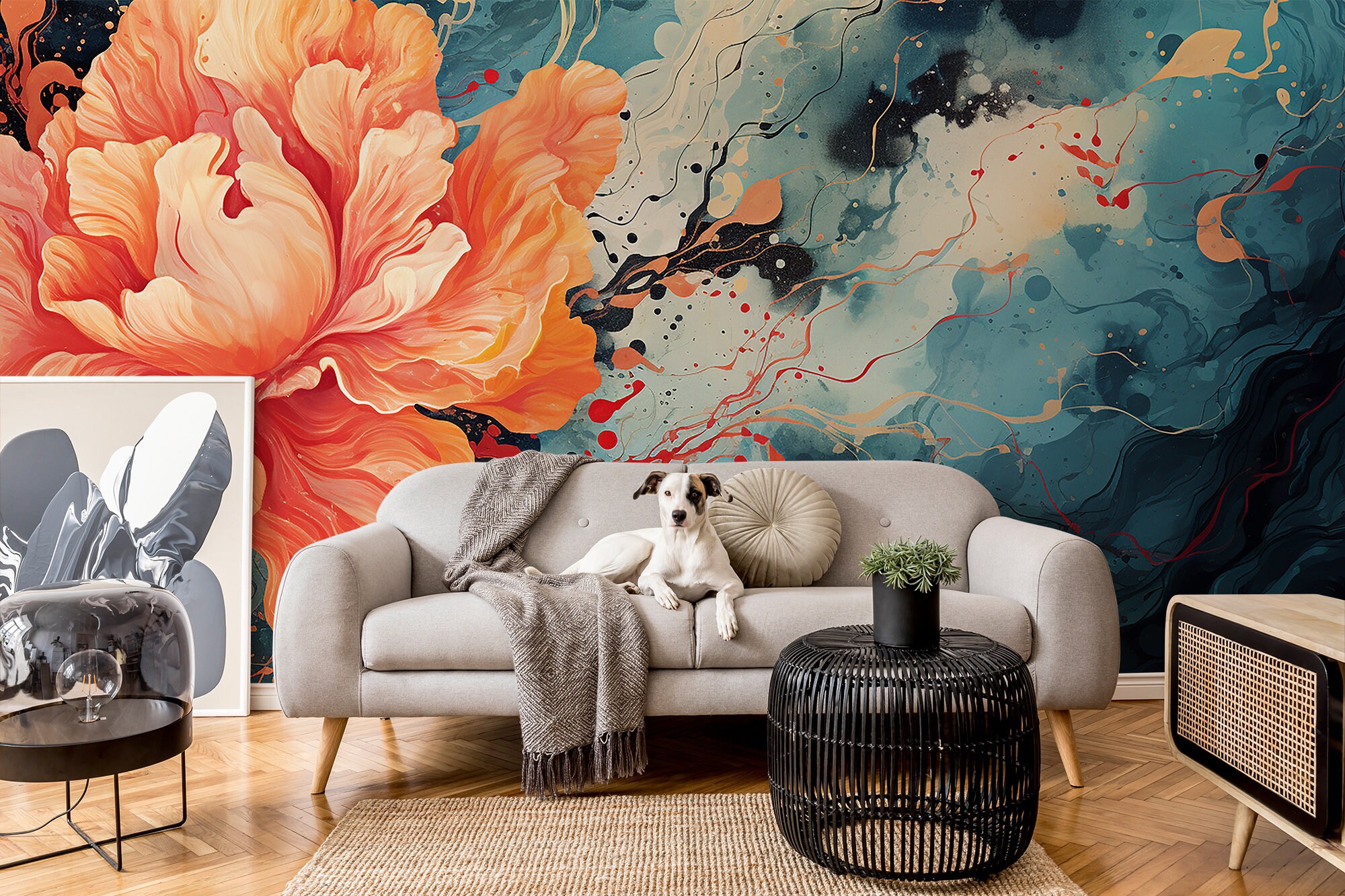 Tropical orange flower wall mural | Wall Decor | Home Renovation | Wall Art | Peel and Stick Or Non Self-Adhesive Vinyl Wallpaper