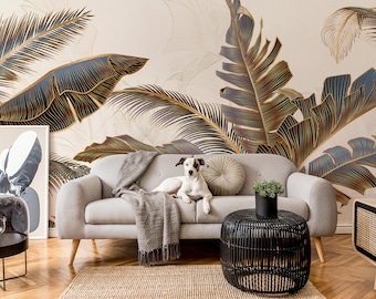 Tropical palm leaf wallpaper, wall mural | Wall Decor | Home Renovation | Wall Art | Peel and Stick Or Non Self-Adhesive Vinyl Wallpaper