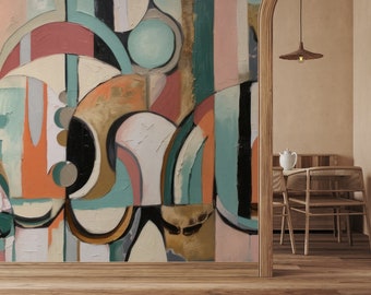 Può includere: Arte da parete geometrico astratto con una miscela di colori tra cui turchese, rosa, arancio e oro. L'opera d'arte è dipinta in uno stile moderno con linee e forme audaci.