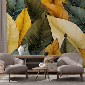 Leaves vibrant botanical wallpaper | Wall Decor | Home Renovation | Wall Art | Peel and Stick Or Non Self-Adhesive Vinyl Wallpaper