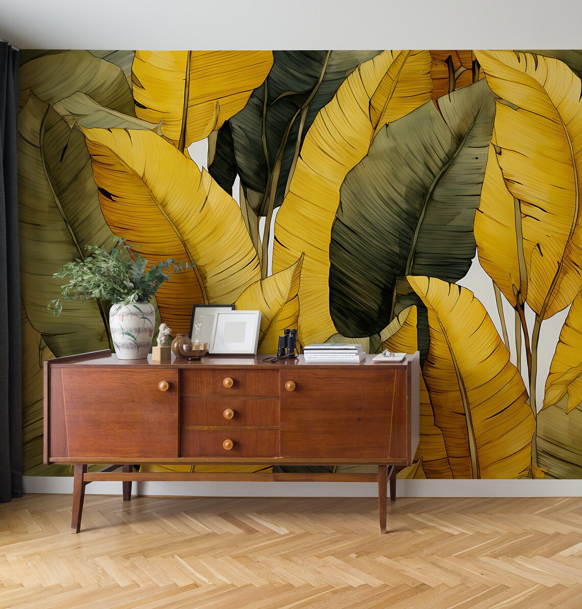Yellow & Green Tropical Leaves Wallpaper Wall Decor Home Renovation ...