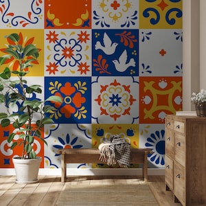 Mexikanische Fliesentapete mit Blumen und Blättern | Wanddekoration | Hausrenovierung | Wandkunst | Vinyl-Tapete zum Abziehen und Aufkleben oder nicht selbstklebend