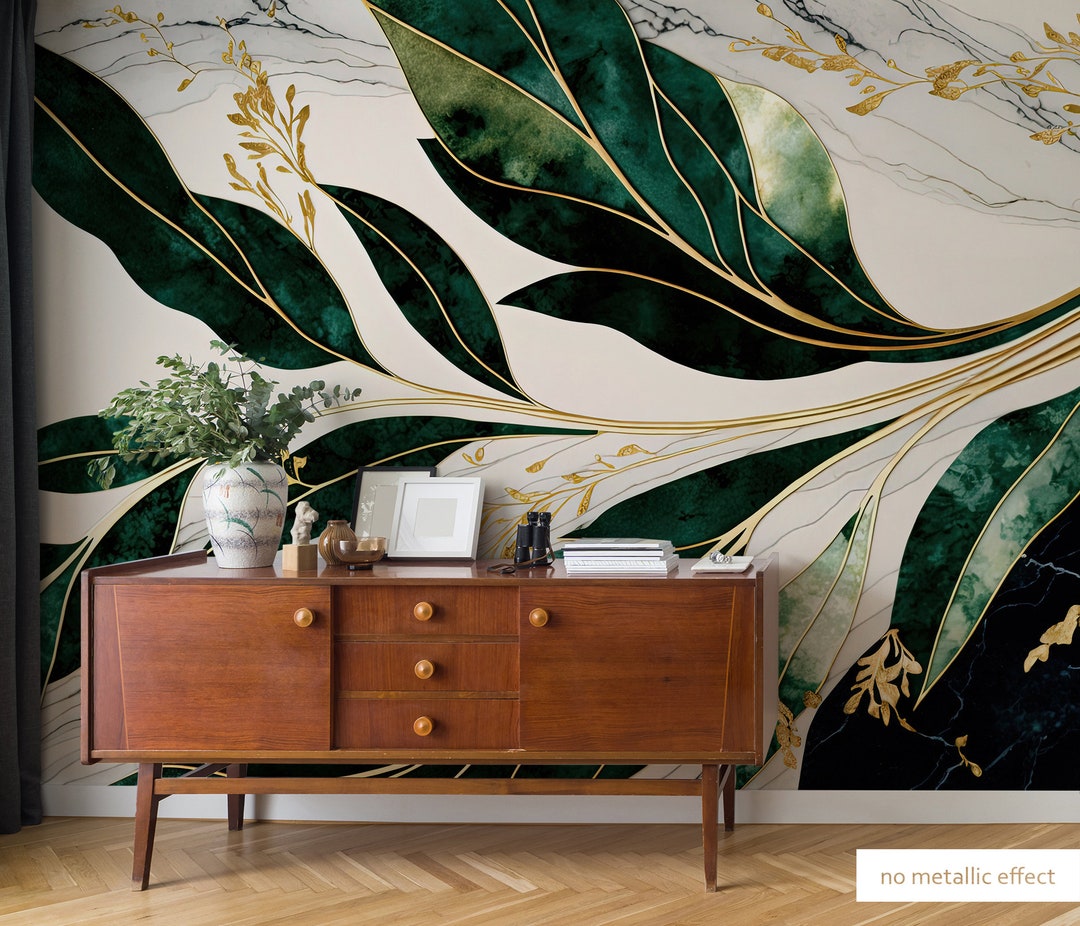 Light Wallpaper With Dark Green Leaves | Wall Decor | Home Renovation ...