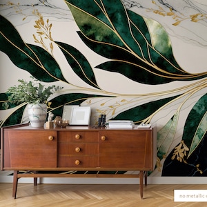 Papier peint clair à feuilles vert foncé | Décoration murale | Rénovation domiciliaire | Art mural | Papier peint vinyle à décoller et à coller ou non autocollant