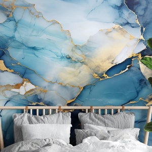 Abstrakte blaue Marmortapete | Wanddekoration | Hausrenovierung | Wandkunst | Vinyl-Tapete zum Abziehen und Aufkleben oder nicht selbstklebend