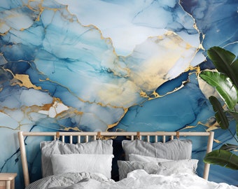 Abstrakte blaue Marmortapete | Wanddekoration | Hausrenovierung | Wandkunst | Vinyl-Tapete zum Abziehen und Aufkleben oder nicht selbstklebend