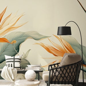Pastellfarbenes tropisches Wandbild mit Paradiesvogelblumen | Wanddekoration | Hausrenovierung | Wandkunst | Vinyl-Tapete zum Abziehen und Aufkleben oder nicht selbstklebend