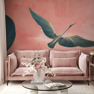 Kranich-Vogel-Tapete, rosa Himmel-Wandbild | Wanddekoration | Hausrenovierung | Wandkunst | Vinyl-Tapete zum Abziehen und Aufkleben oder nicht selbstklebend