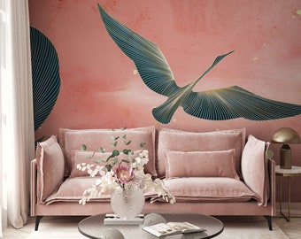 Papel pintado de pájaro grulla, cielo rosa fotomural | Decoración de pared | Renovación del hogar | Arte de pared | Papel tapiz de vinilo despegable y pegado o no autoadhesivo