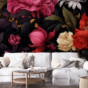 Dark floral bouquet wall mural | Wall Decor | Home Renovation | Wall Art | Peel and Stick Or Non Self-Adhesive Vinyl Wallpaper