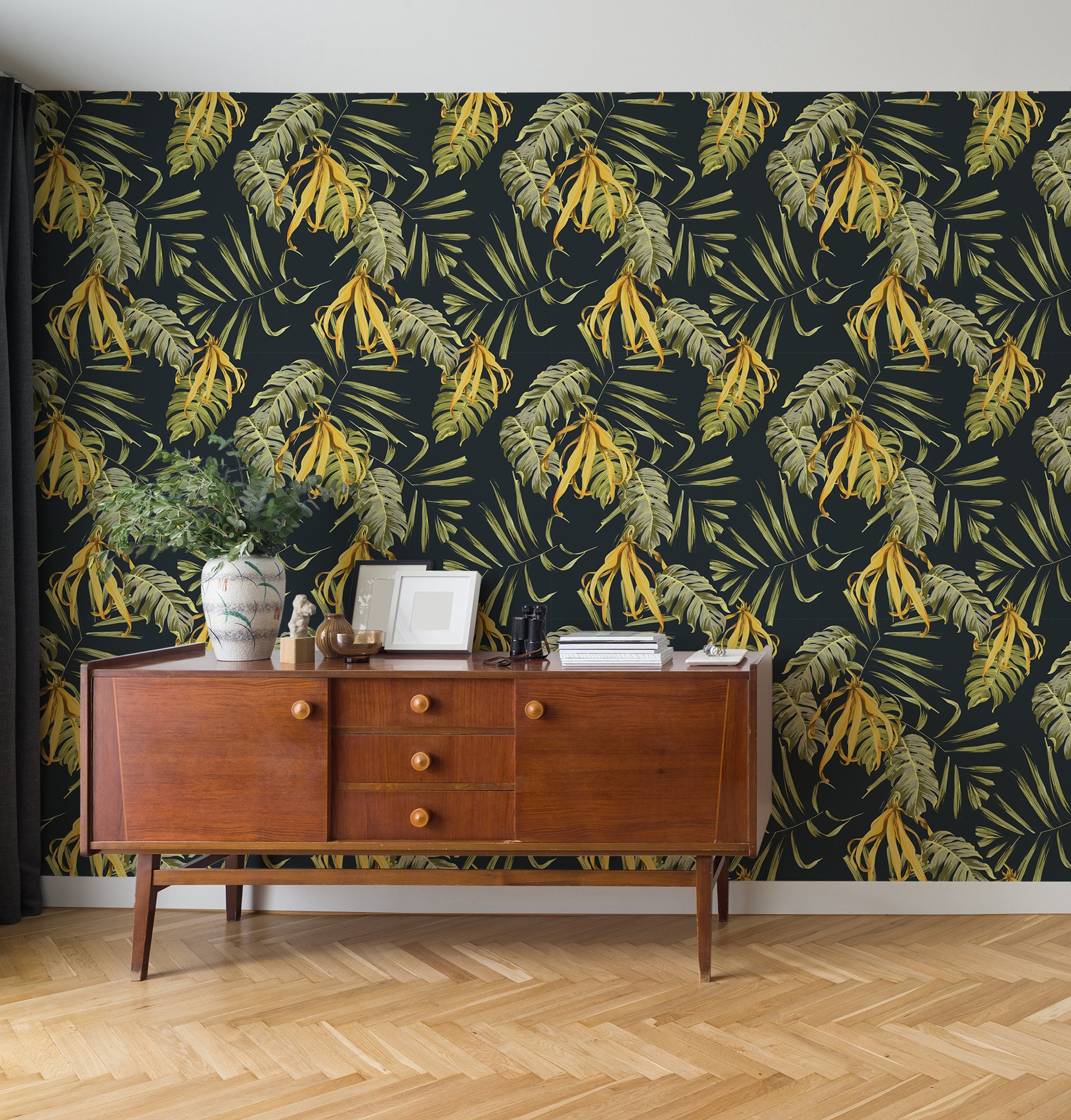 Floral Leaf Wallpaper, Dark Background | Wall Decor | Home Renovation ...