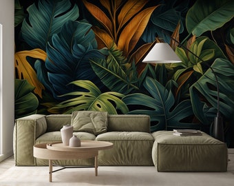 Verschiedene tropische Blätter Tapete | Dschungel-Wand-Dekor | Hausrenovierung | Wandkunst | Vinyl-Tapete zum Abziehen und Aufkleben oder nicht selbstklebend