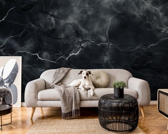 May include: A white dog sits on a light grey sofa in front of a black marble wall. The sofa has a grey throw blanket and a beige cushion. A black wicker side table with a potted plant sits in front of the sofa.