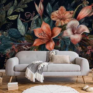 Dark floral mural, bouqet of flowers | Wall Decor | Home Renovation | Wall Art | Peel and Stick Or Non Self-Adhesive Vinyl Wallpaper