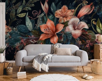 Mural floral oscuro, ramo de flores | Decoración de pared | Renovación del hogar | Arte de pared | Papel tapiz de vinilo despegable y pegado o no autoadhesivo