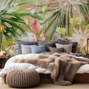 Exotic botanical wallpaper with flowers | Wall Decor | Home Renovation | Wall Art | Peel and Stick Or Non Self-Adhesive Vinyl Wallpaper