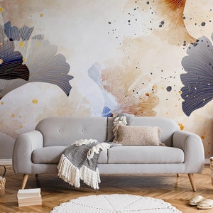 Abstraktes florales Wandbild, Ginkgo Biloba | Wanddekoration | Hausrenovierung | Wandkunst | Vinyl-Tapete zum Abziehen und Aufkleben oder nicht selbstklebend