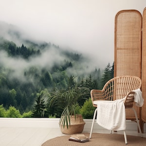 Foggy tree landscape wallpaper | Wall Decor | Home Renovation | Wall Art | Peel and Stick Or Non Self-Adhesive Vinyl Wallpaper