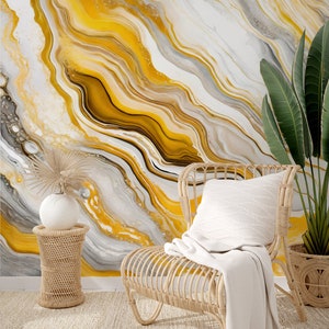 Papel pintado abstracto de mármol amarillo vibrante Decoración de pared Renovación del hogar Arte de pared Papel tapiz de vinilo despegable y pegado o no autoadhesivo imagen 4