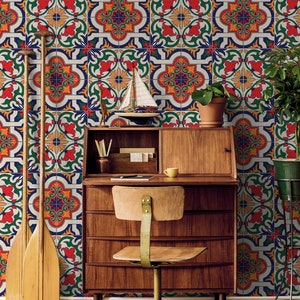 Carta da parati marocchina colorata, piastrelle portoghesi | Decorazione da parete | Ristrutturazione casa | Arte della parete | Carta da parati in vinile staccabile e incollabile o non autoadesiva