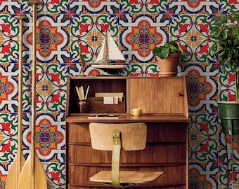 Bunte marokkanische Tapete, portugiesische Fliesen | Wanddekoration | Hausrenovierung | Wandkunst | Vinyl-Tapete zum Abziehen und Aufkleben oder nicht selbstklebend