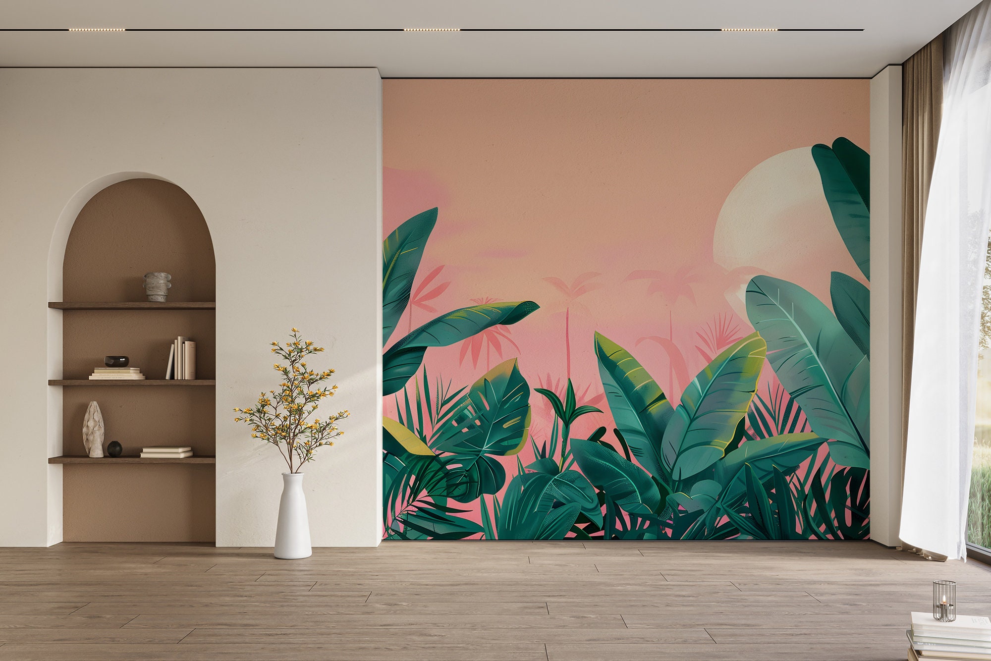 Tropical Green Leaves Wall Mural | Pink Wall Decor | Home Renovation ...