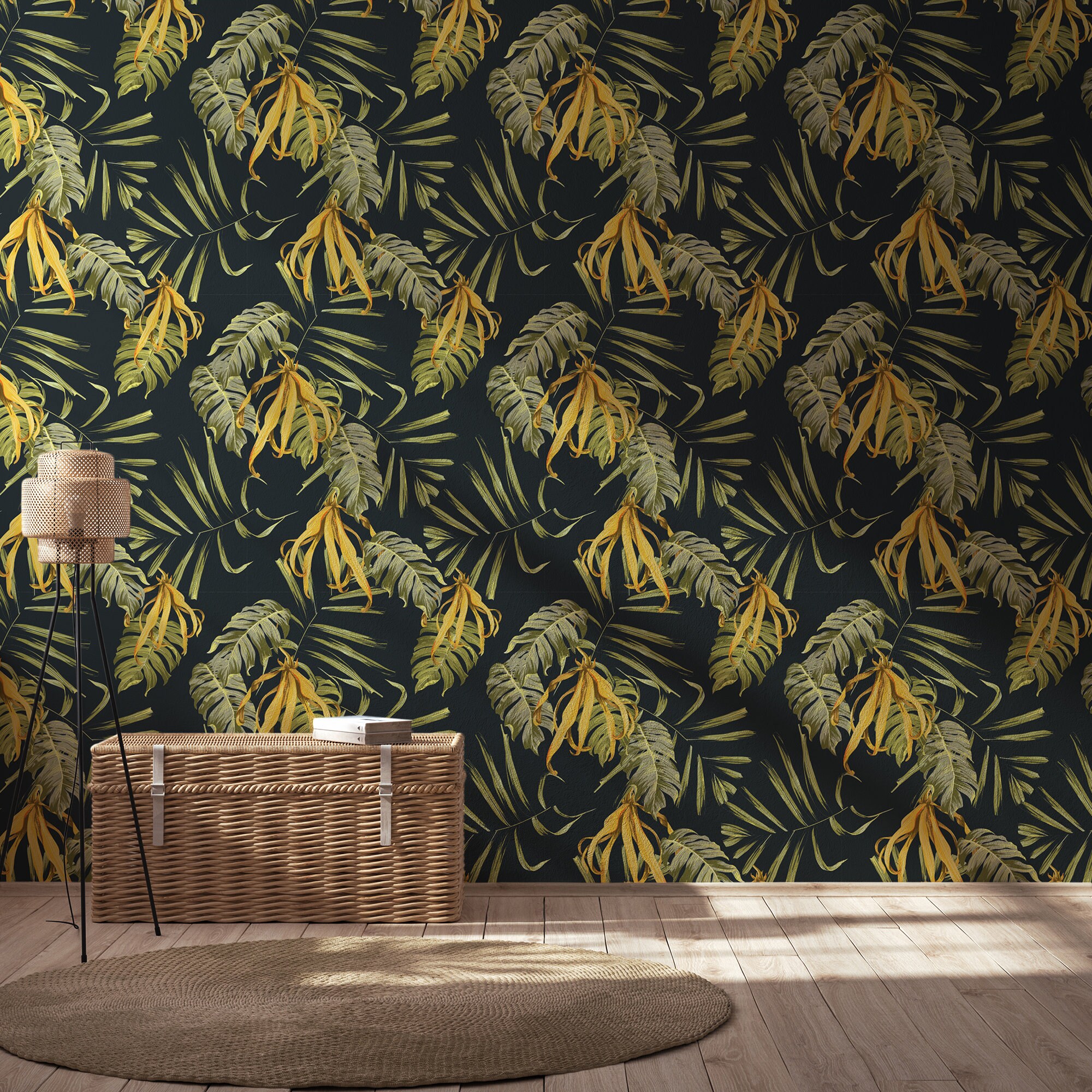 Floral Leaf Wallpaper, Dark Background | Wall Decor | Home Renovation ...