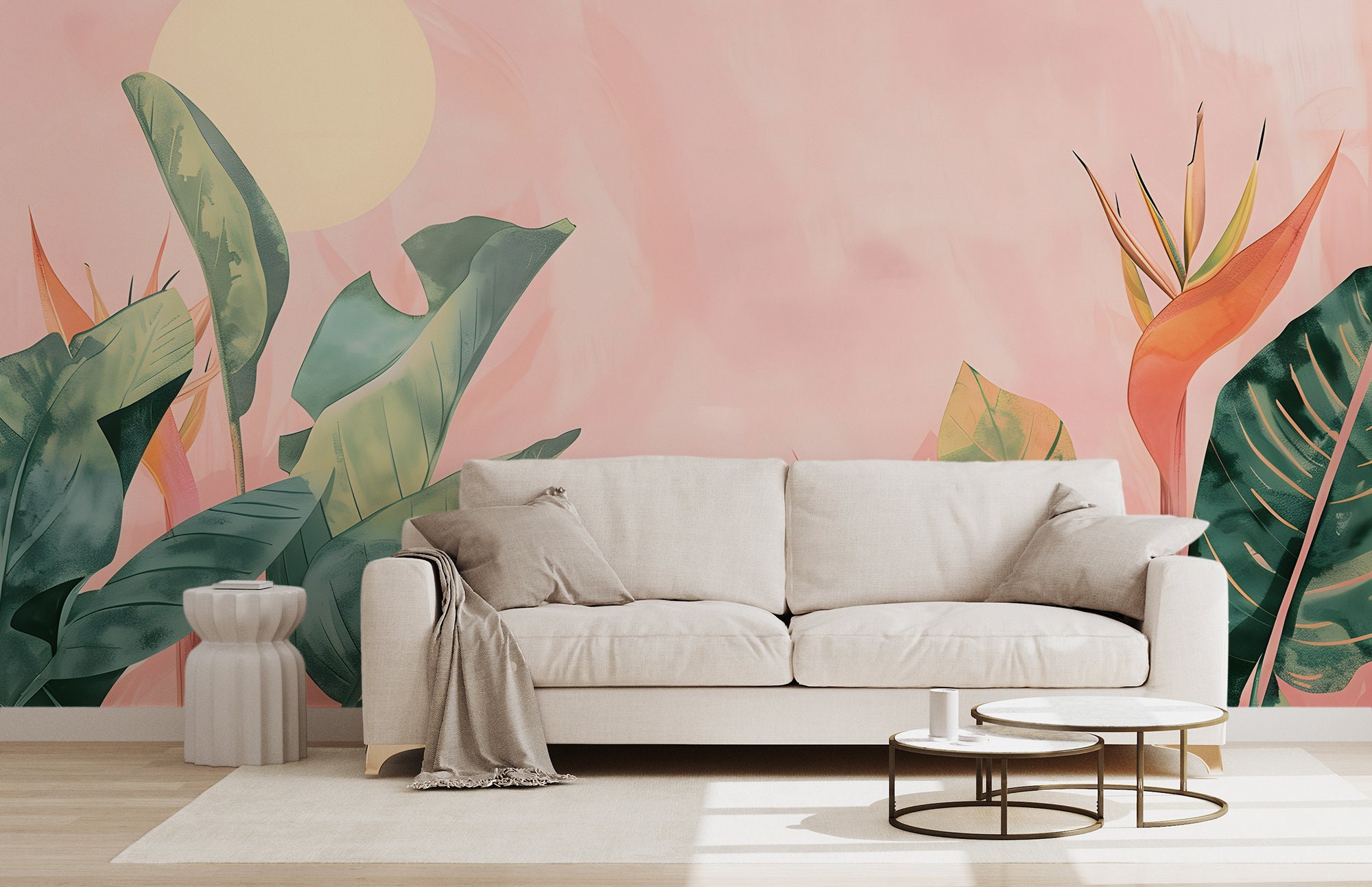 Tropical Green Leaves Wall Mural | Pink Wall Decor | Home Renovation ...