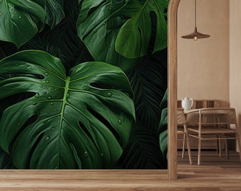 Green monstera leaves wallpaper | Wall Decor | Home Renovation | Wall Art | Peel and Stick Or Non Self-Adhesive Vinyl Wallpaper