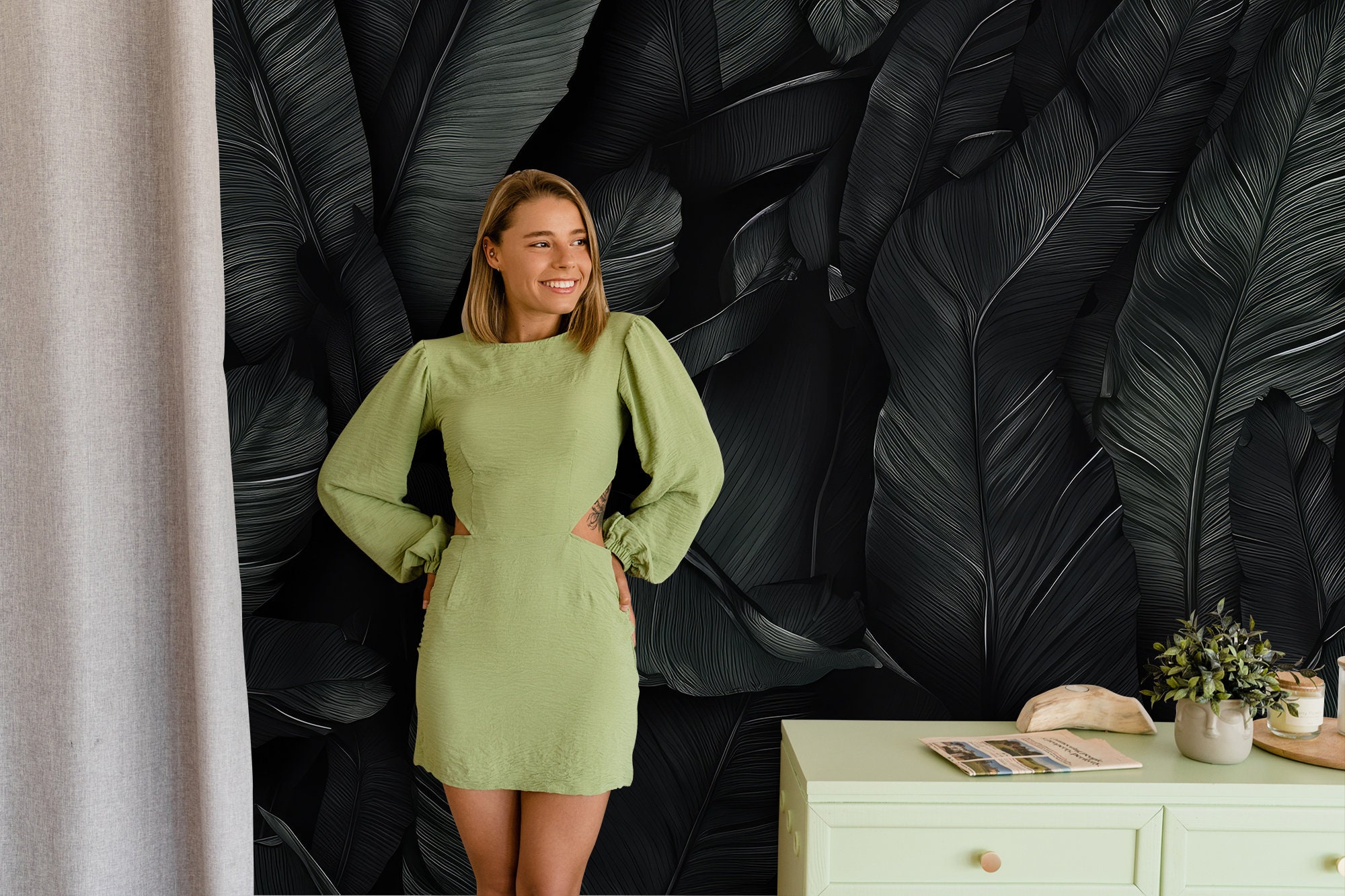 black-wallpaper-tropical-leaf-wall-mural-wall-decor-home-renovation